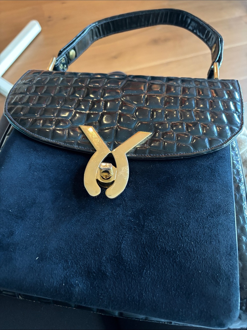Vintage MCM bag by Varon croc print and suede. Navy.